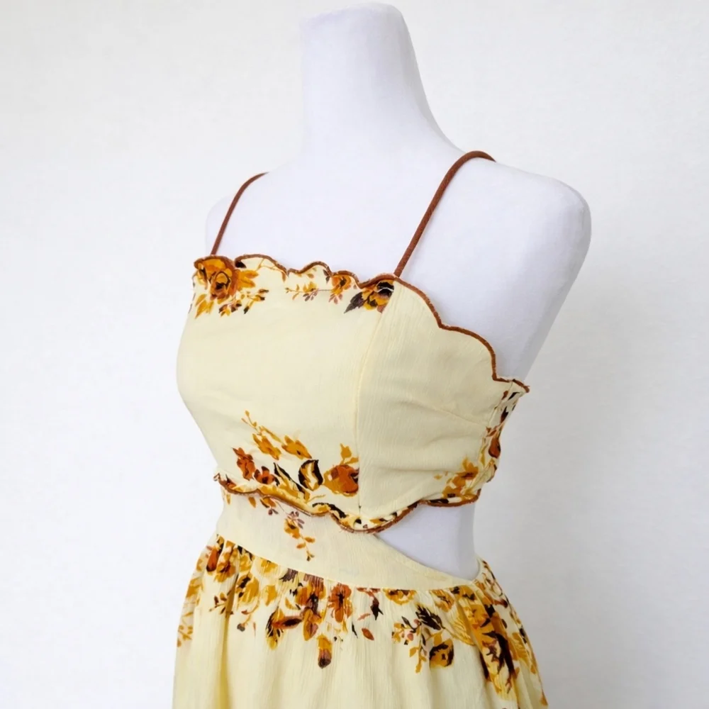 Francesca’s Yellow Floral Cutout Midi Dress S Boho Cottagecore Summer Sundress - Picture 4 of 8